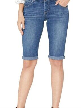 Democracy Mid-Length Rolled Hem Denim Bermuda Shorts in Blue